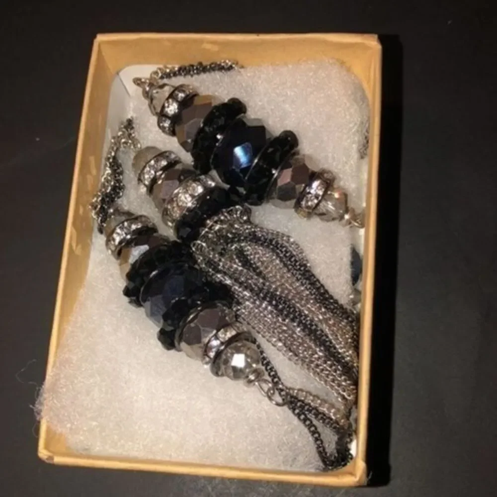 INC long necklace silver tone with glass Brad’s necklace